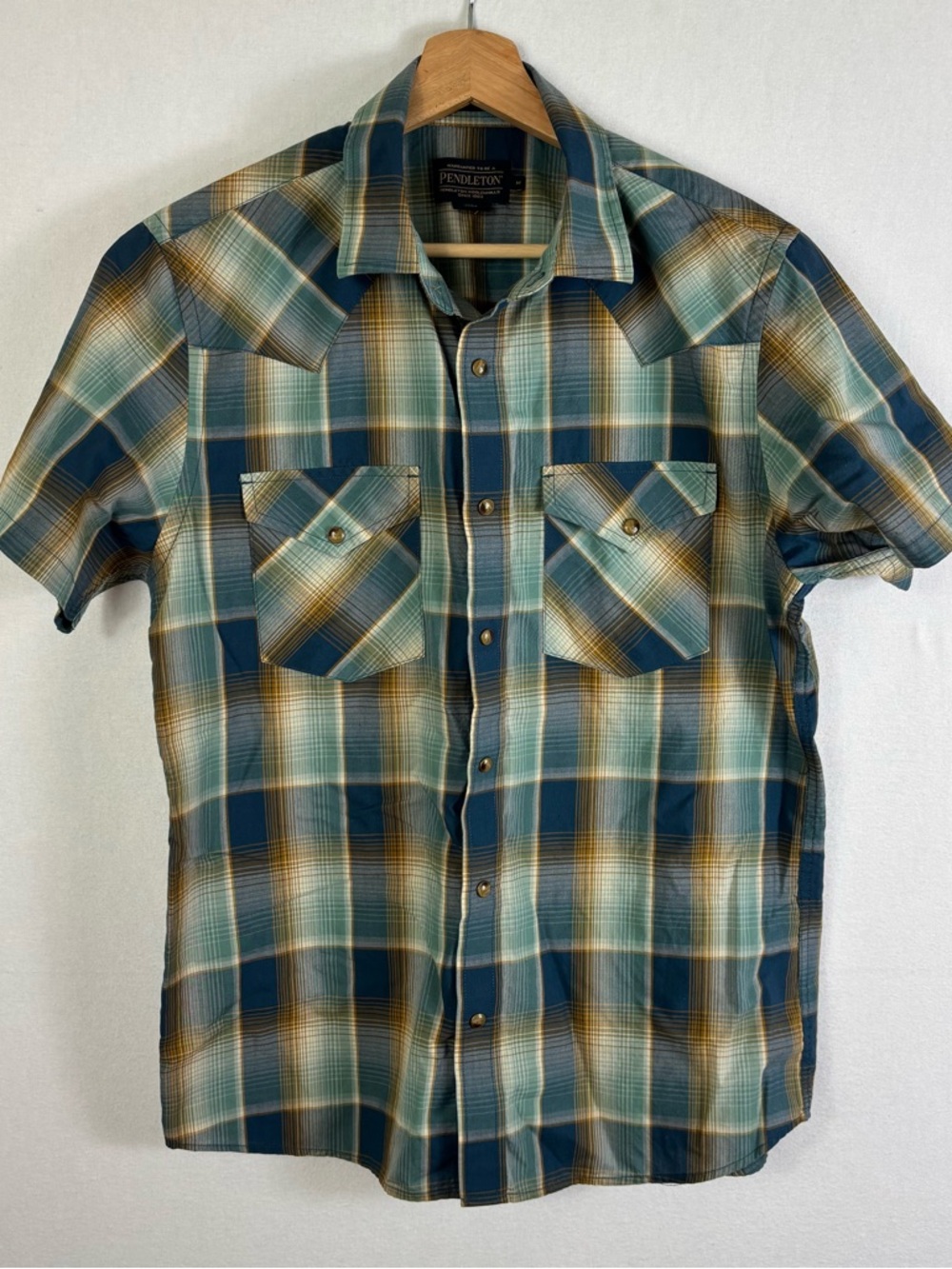 Pendleton Mens Medium Shirt Frontier Plaid Short Sleeve Pearl Snap Teal Blue